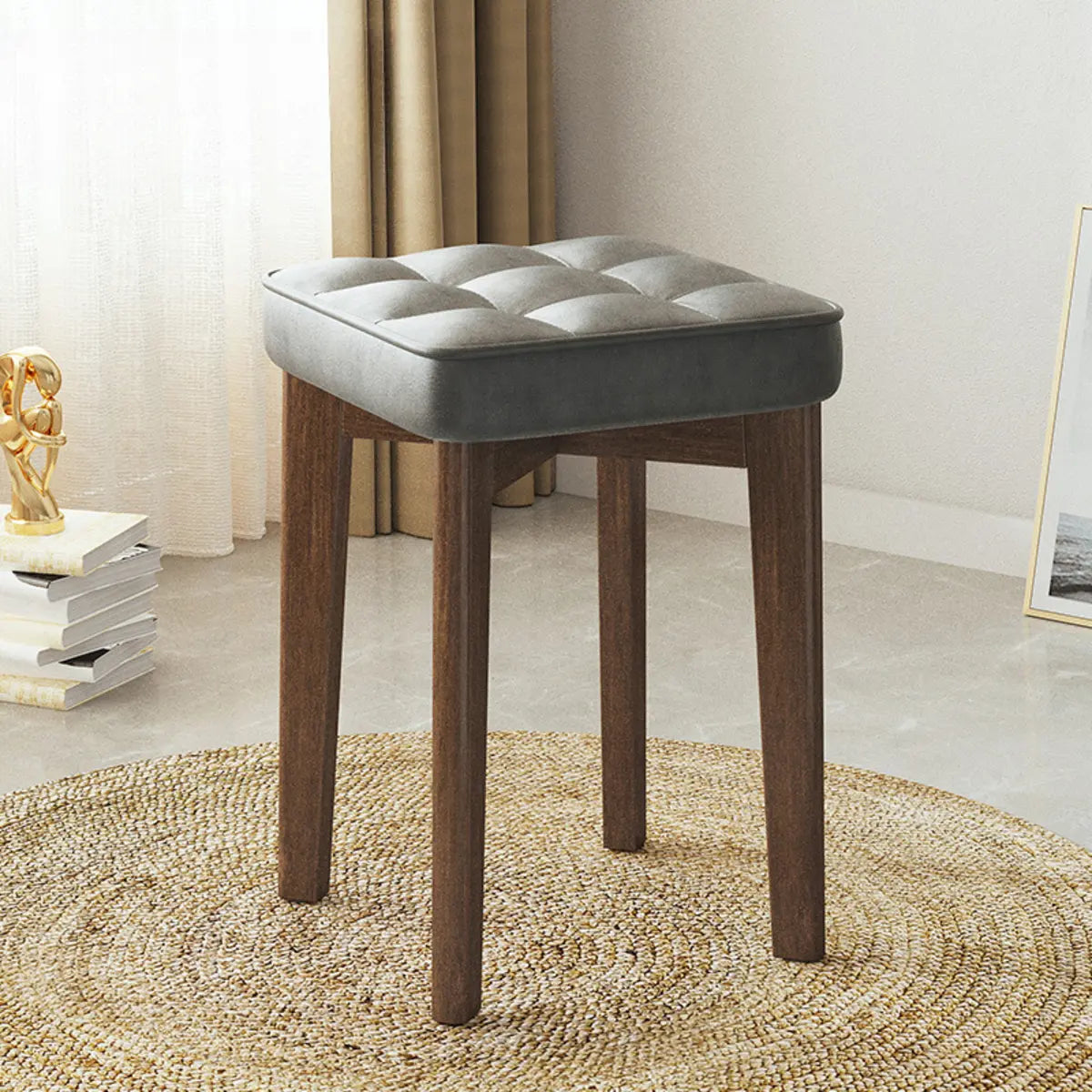 Modern Square Wood Office Stool Beige Upholstered Seat Image - 15