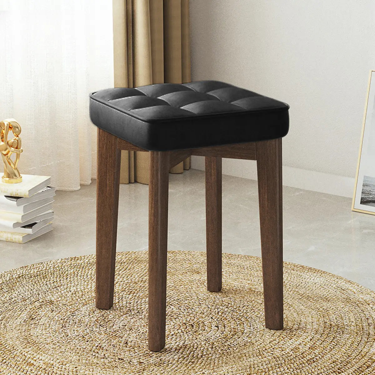 Modern Square Wood Office Stool Beige Upholstered Seat Image - 16