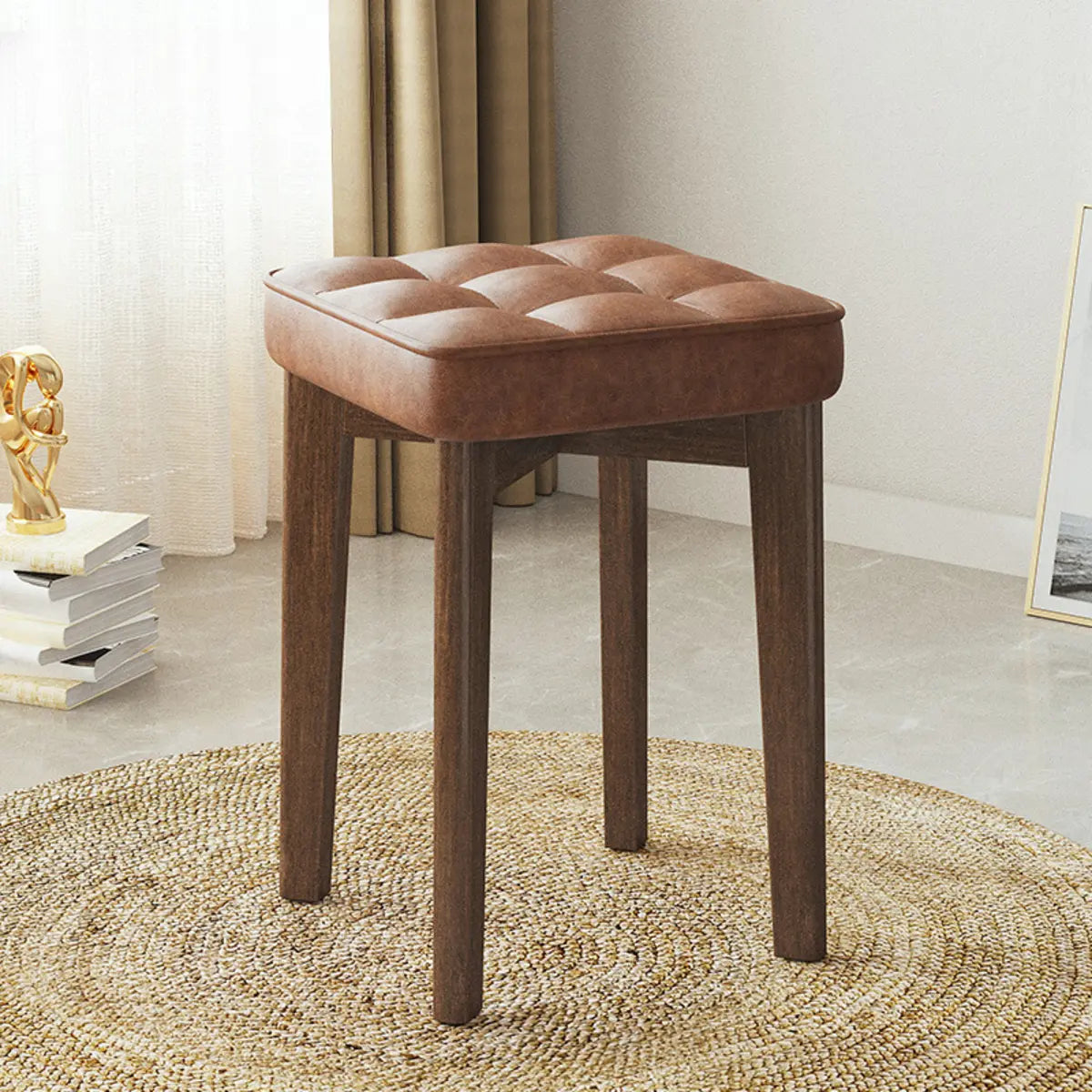 Modern Square Wood Office Stool Beige Upholstered Seat Image - 3