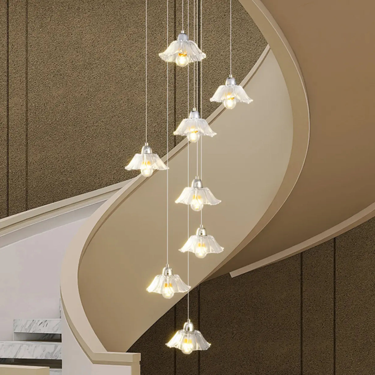 Modern Stairwell Clear Glass Flower Cluster Pendant Lights Image - 3