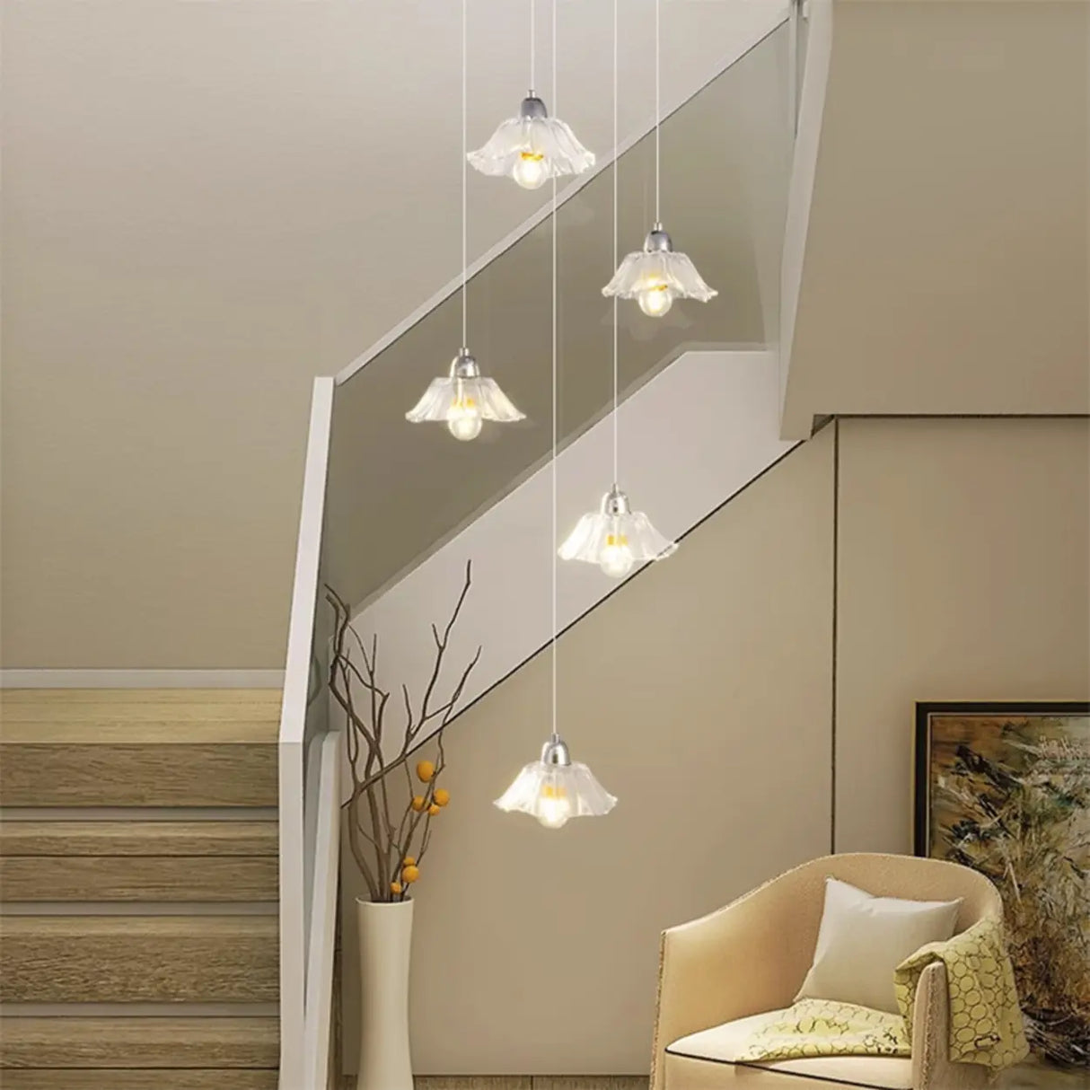 Modern Stairwell Clear Glass Flower Cluster Pendant Lights Image - 6