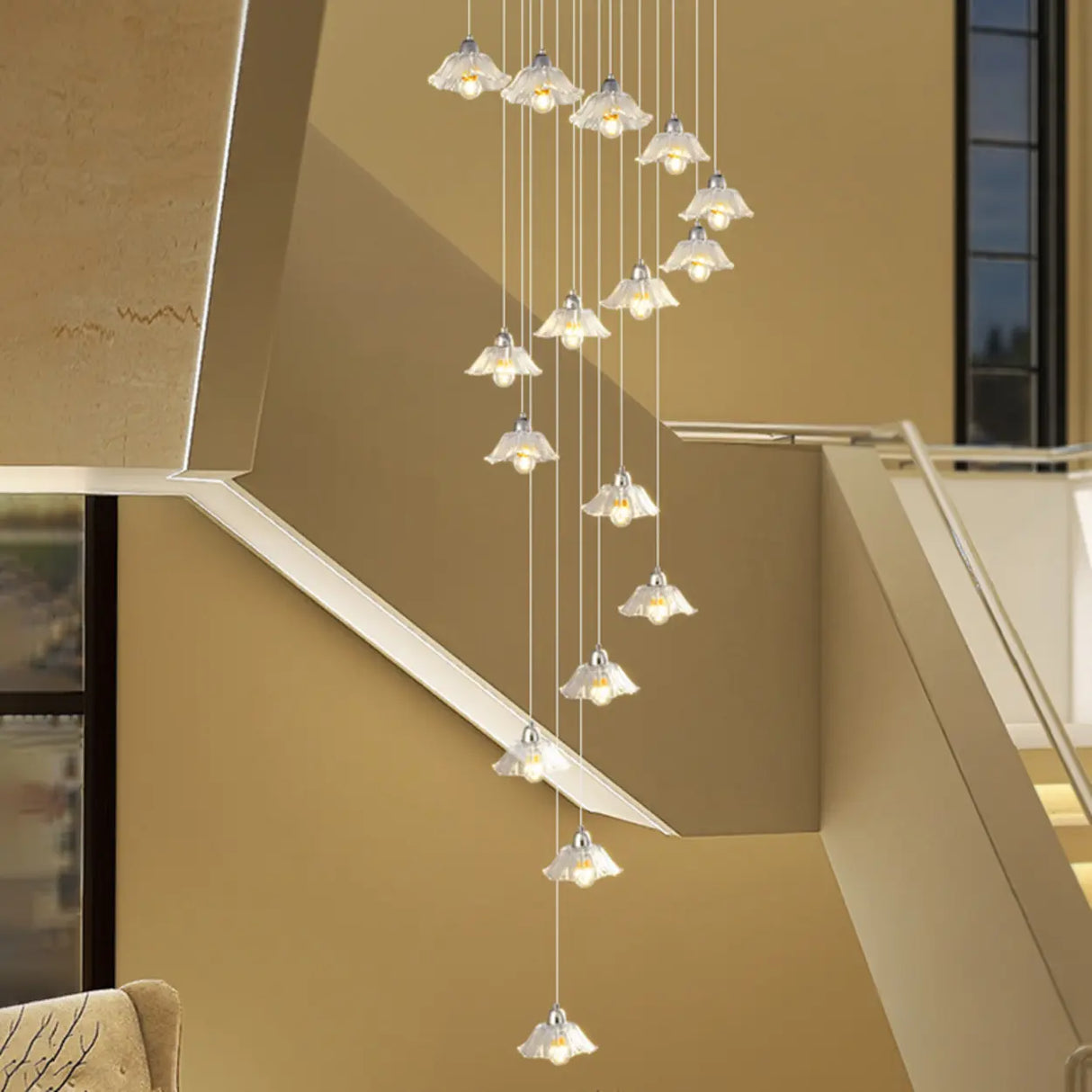 Modern Stairwell Clear Glass Flower Cluster Pendant Lights Image - 7