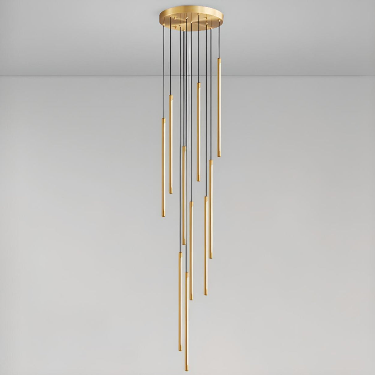 Modern Stairwell Linear LED Gold Strip Pendant Light Image - 14