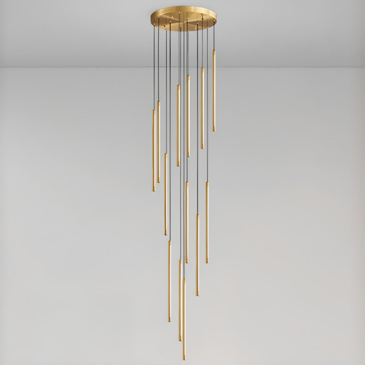 Modern Stairwell Linear LED Gold Strip Pendant Light Image - 16