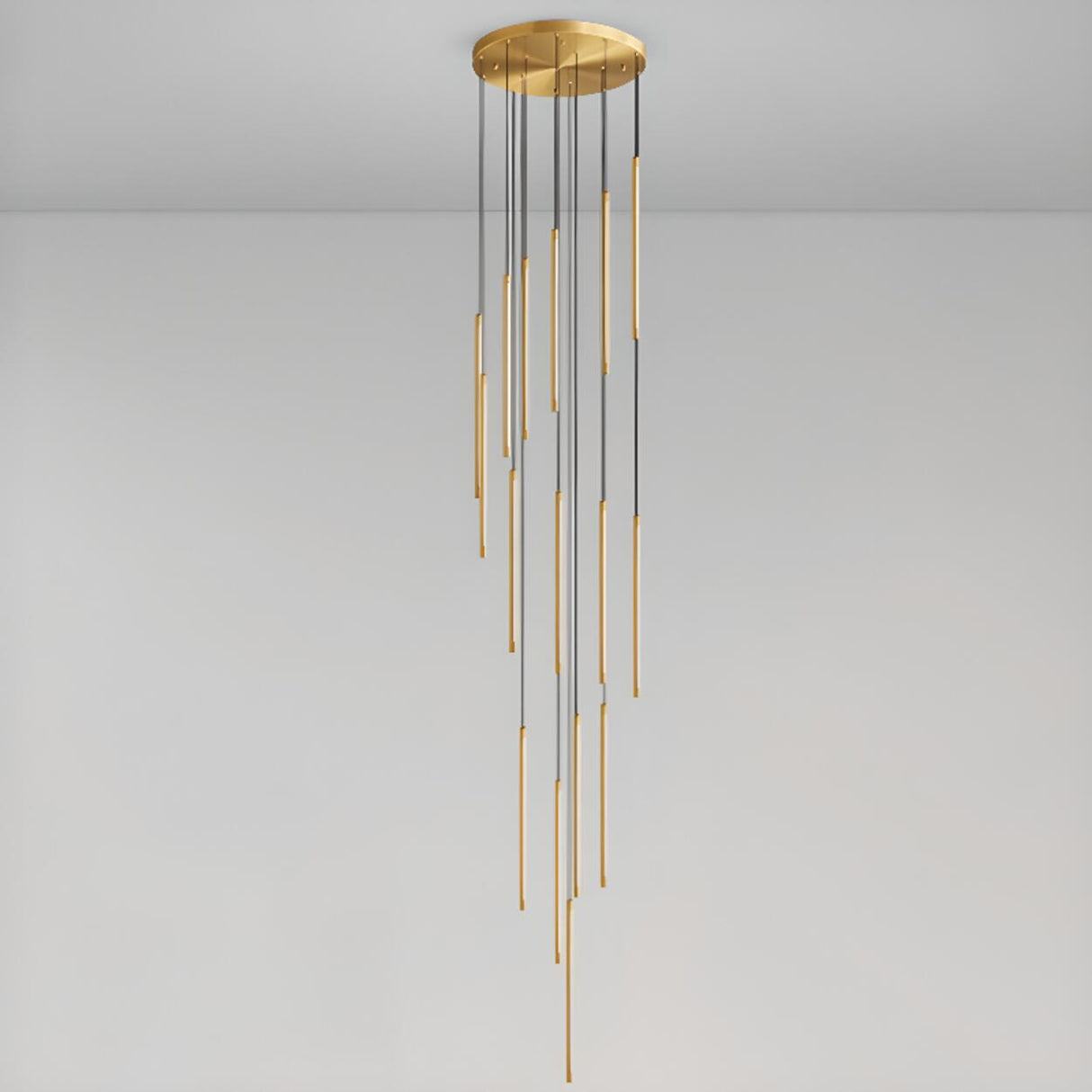 Modern Stairwell Linear LED Gold Strip Pendant Light Image - 17