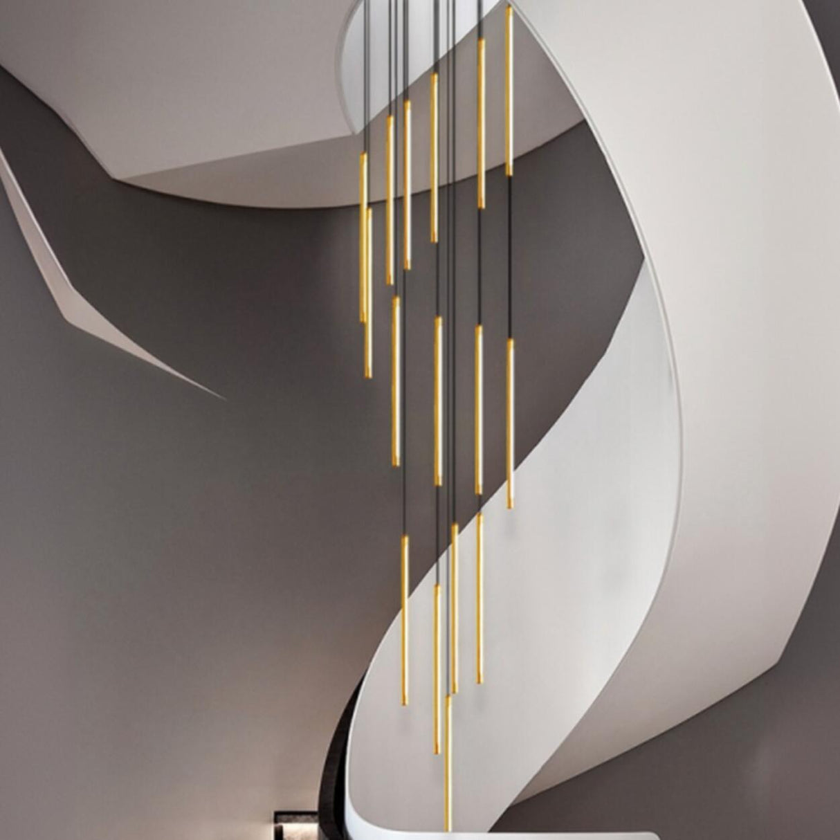 Modern Stairwell Linear LED Gold Strip Pendant Light Image - 3