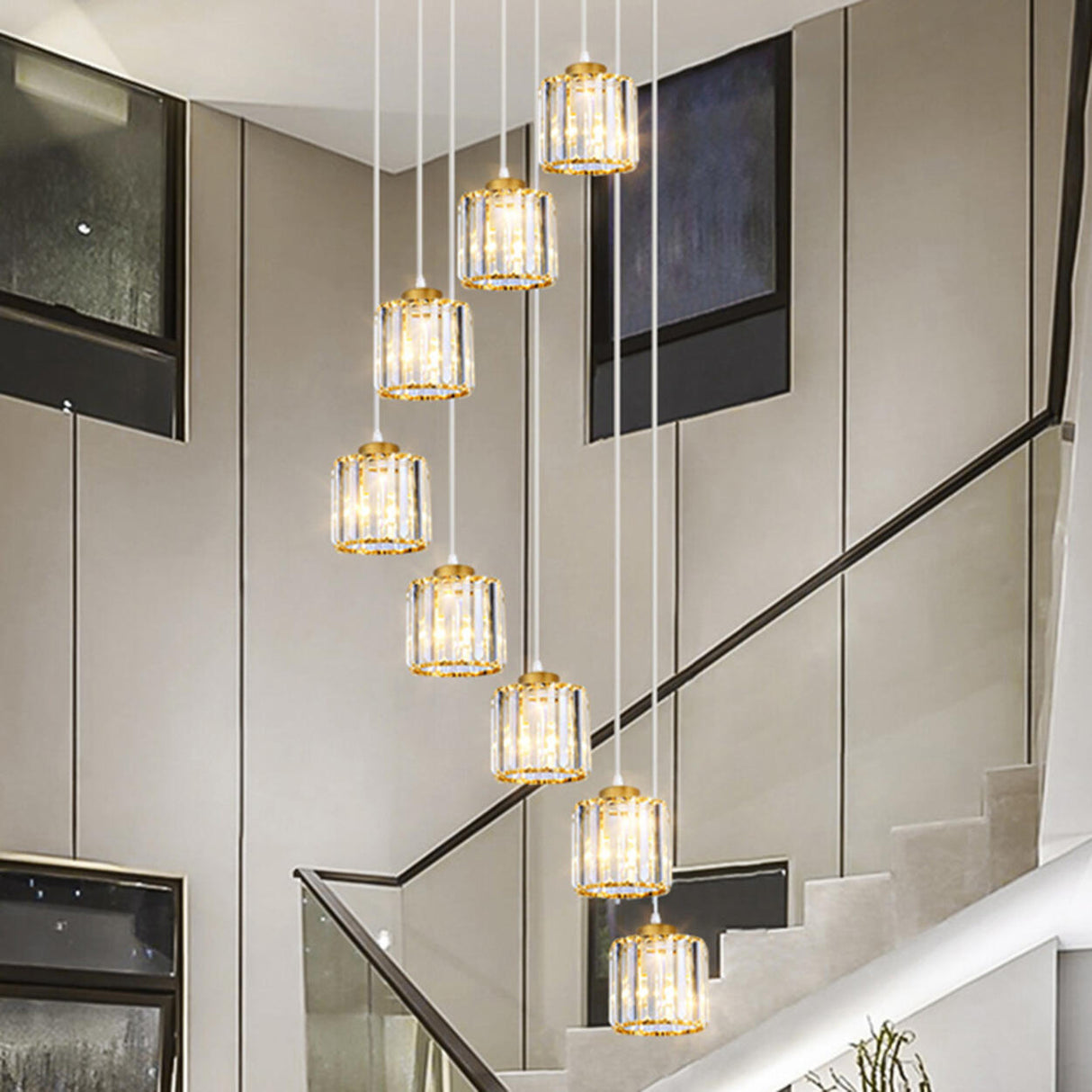 Modern Stairwell Rectangle Crystal Spiral Pendant Light Image - 25