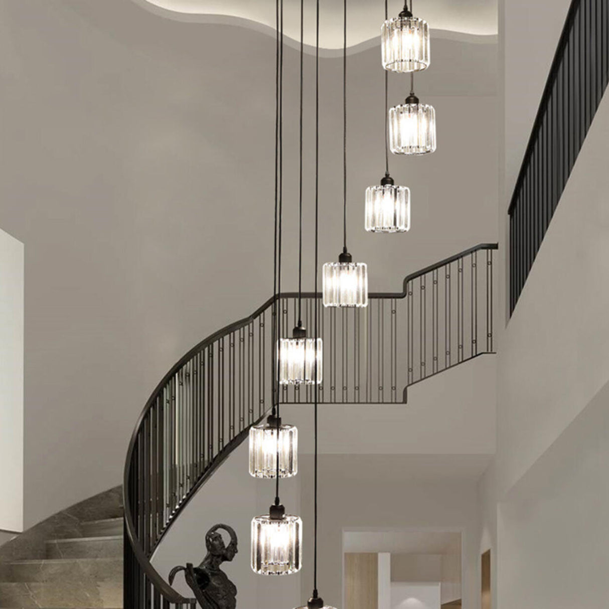 Modern Stairwell Rectangle Crystal Spiral Pendant Light Image - 26