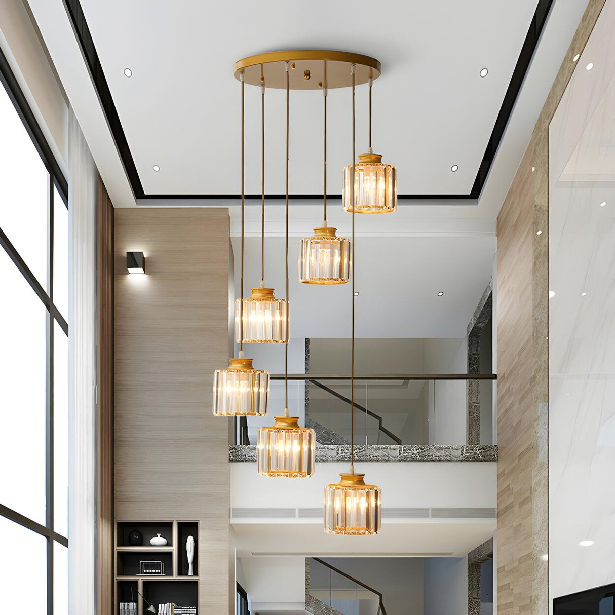 Modern Stairwell Spiral Clear Crystal Cylinder Pendant Light Image - 2