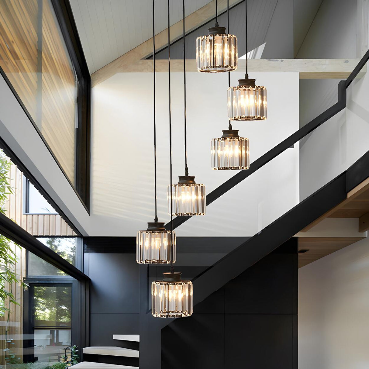 Modern Stairwell Spiral Clear Crystal Cylinder Pendant Light Image - 6