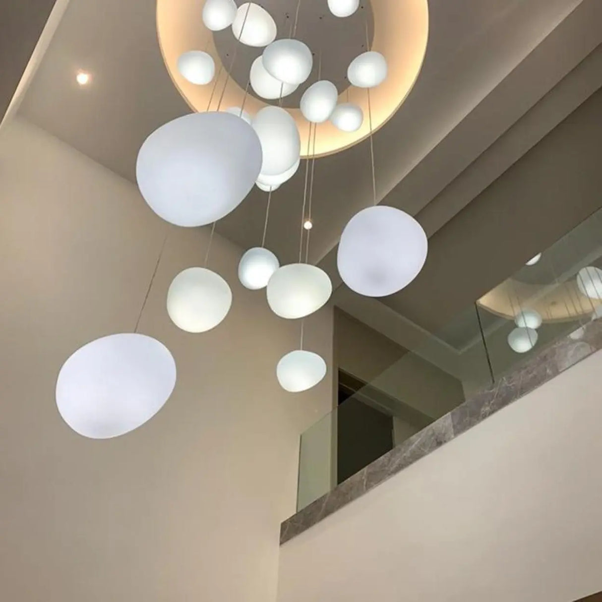 Modern Stairwell White Globe Cluster Pendant Light Image - 6