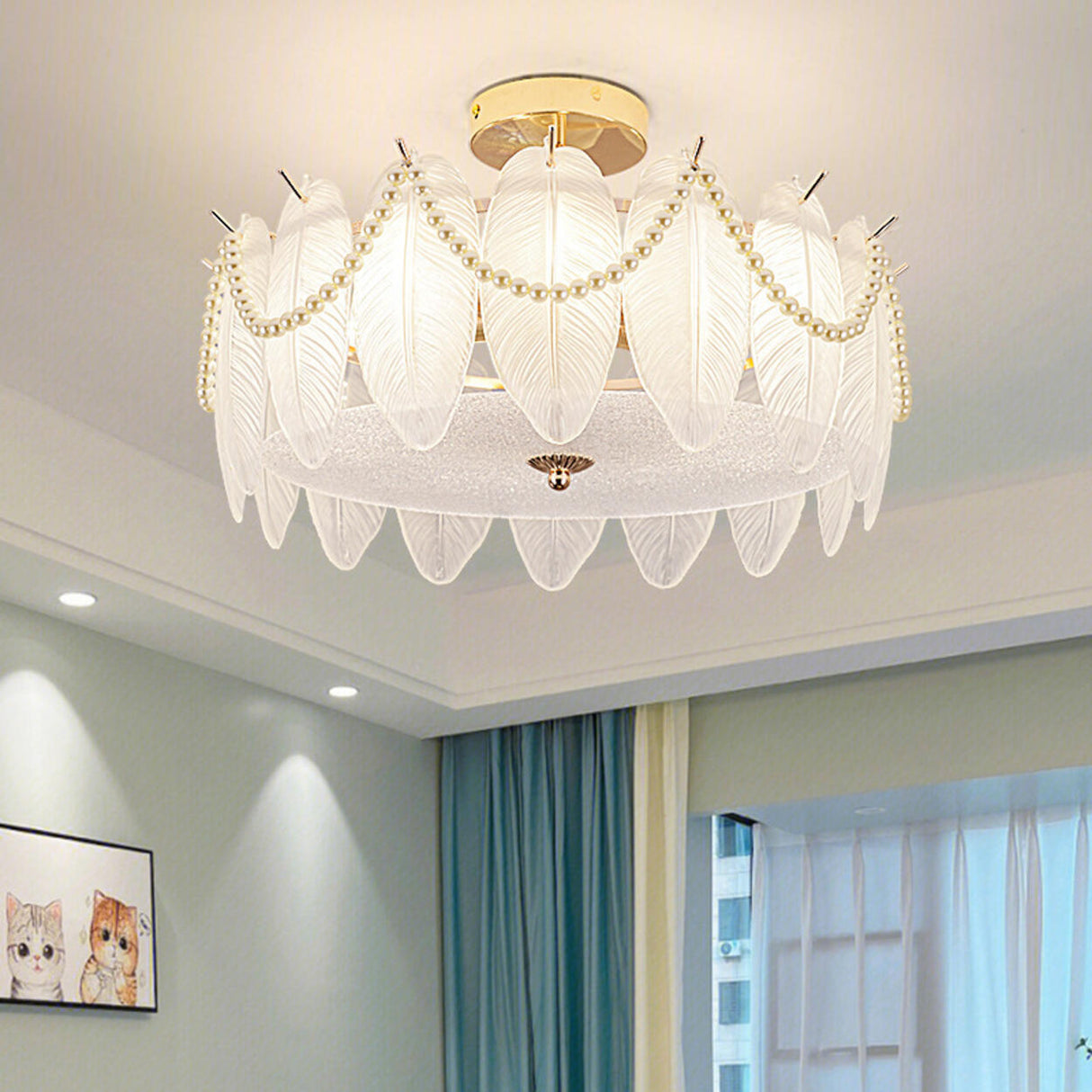 Modern Style Shell-Shaped Flush Mount Light  Pearl Accents Image - 3