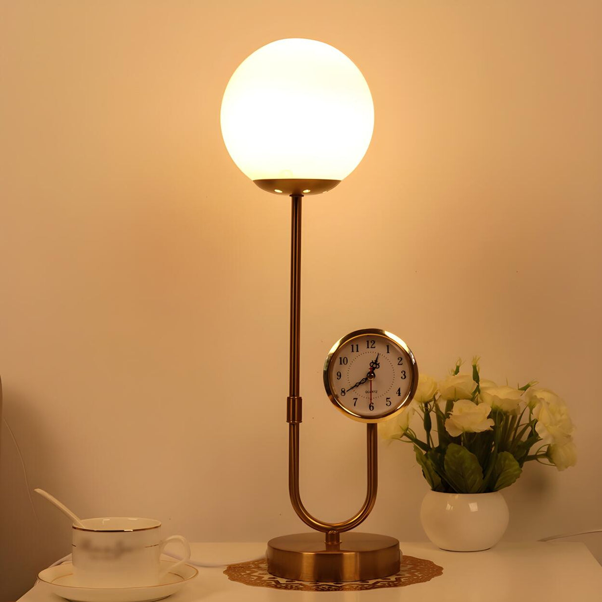 Modern Stylish Glass Globe Gold Table Lamp with Clock Image - 14