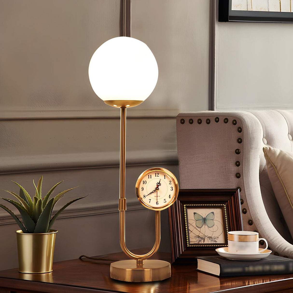 Modern Stylish Glass Globe Gold Table Lamp with Clock Image - 3