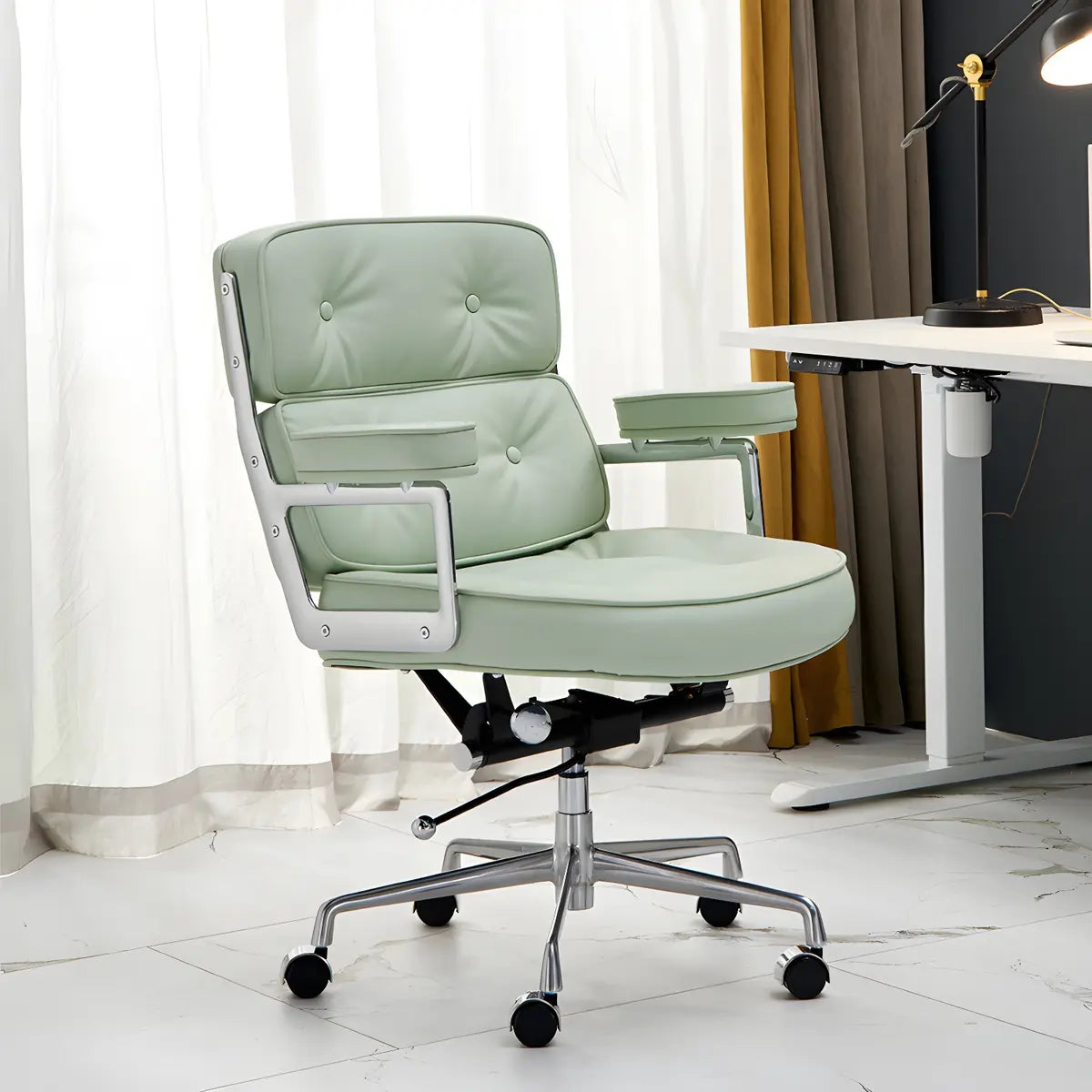 Modern Swivel Leather Tufted Back Green Office Chair Image - 2