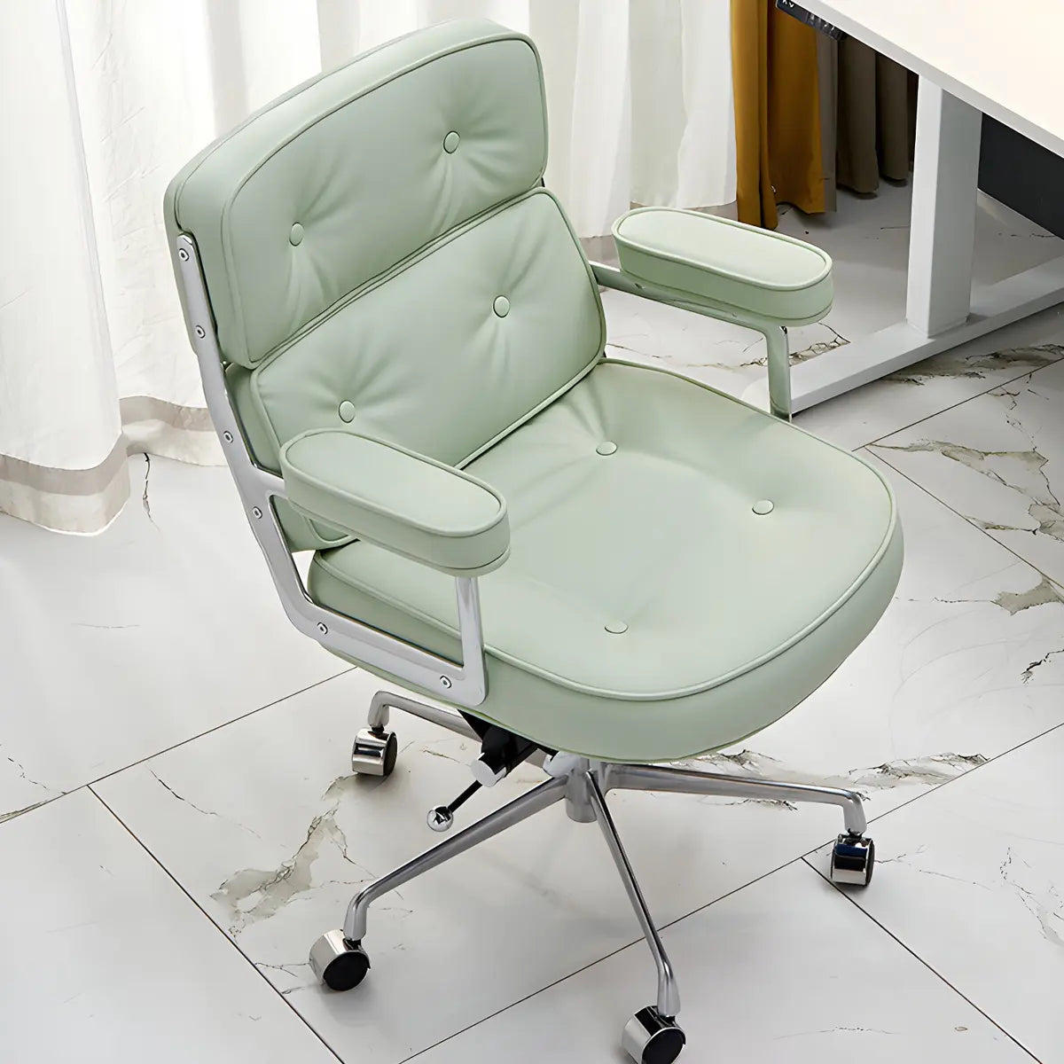 Modern Swivel Leather Tufted Back Green Office Chair Image - 3