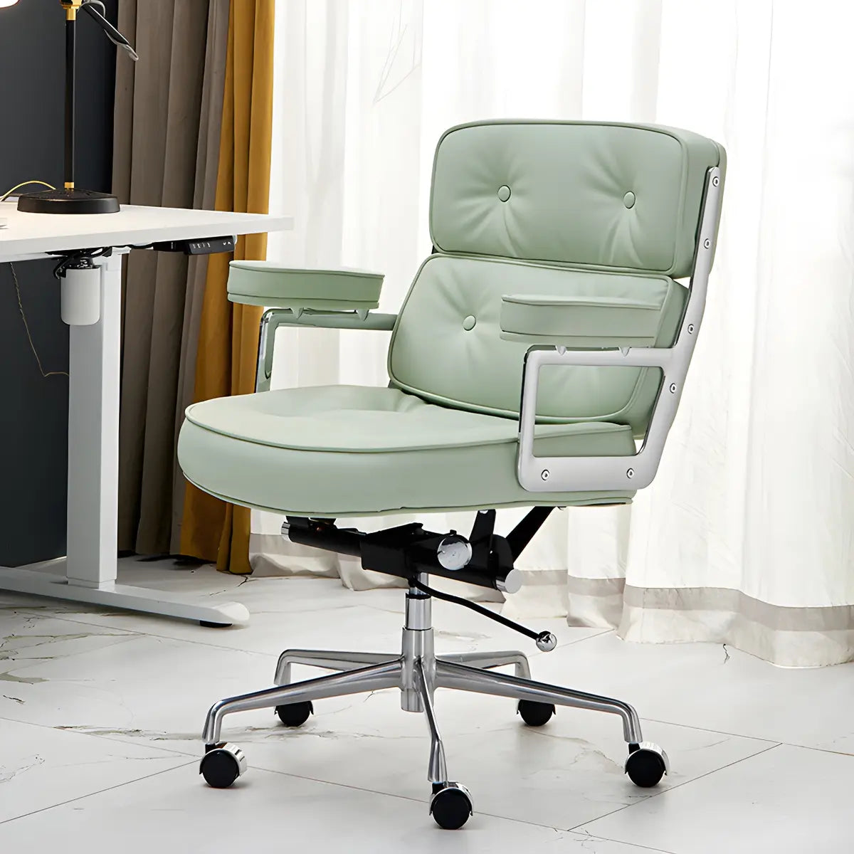 Modern Swivel Leather Tufted Back Green Office Chair Image - 4