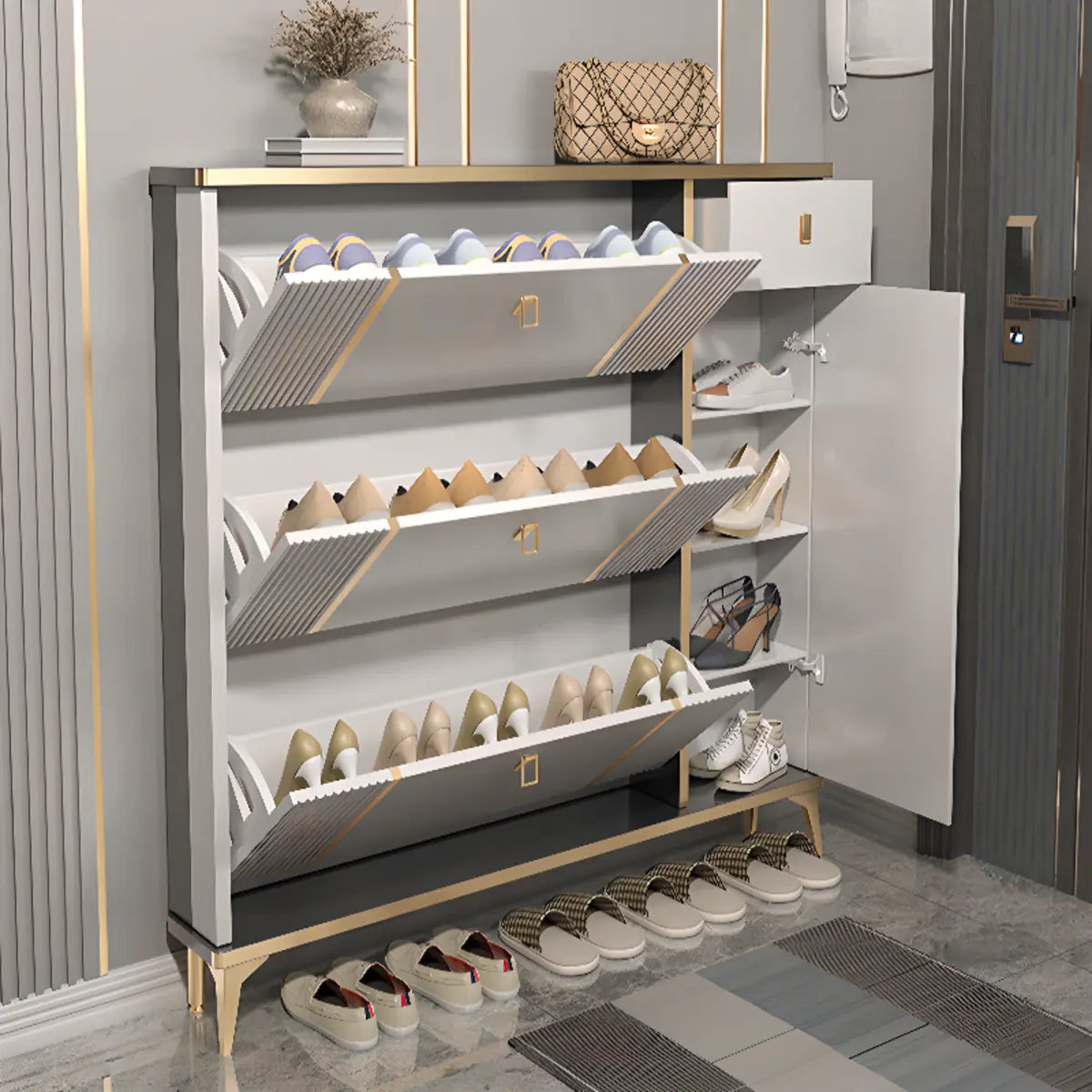 Modern Tall Gray Metal Hallway Shoe Storage Cabinet Image - 8