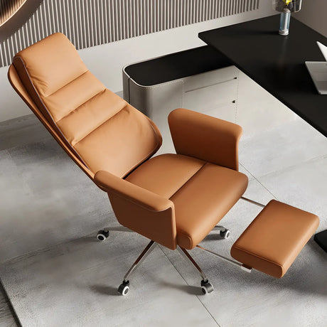 Modern Tan Reclining Leather Office Chair with Footrest Image - 1