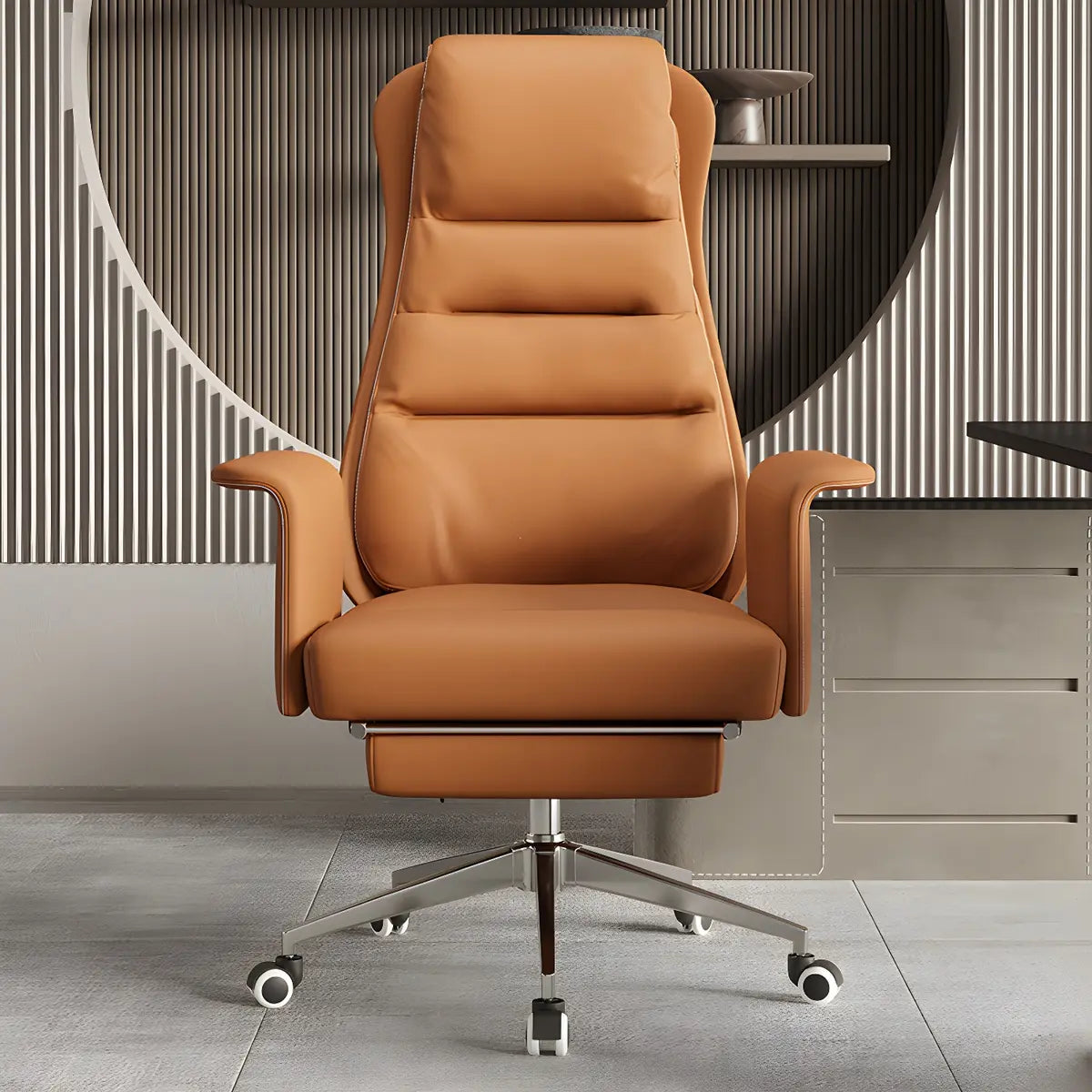 Modern Tan Reclining Leather Office Chair with Footrest Image - 2