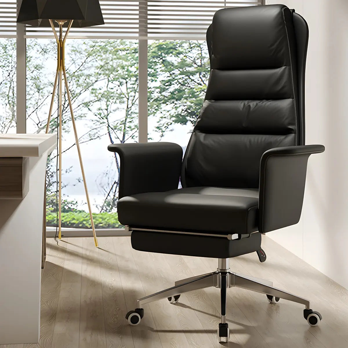 Modern Tan Reclining Leather Office Chair with Footrest Image - 4