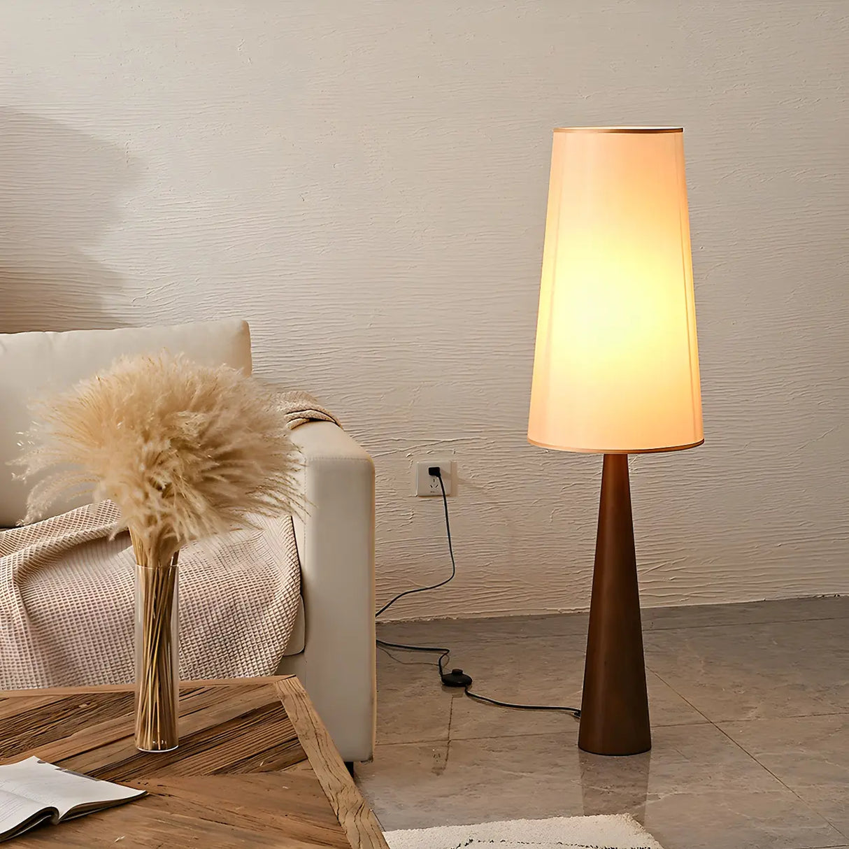 Modern Tapered Wooden Base Floor Lamp with Fabric Shade Image - 3