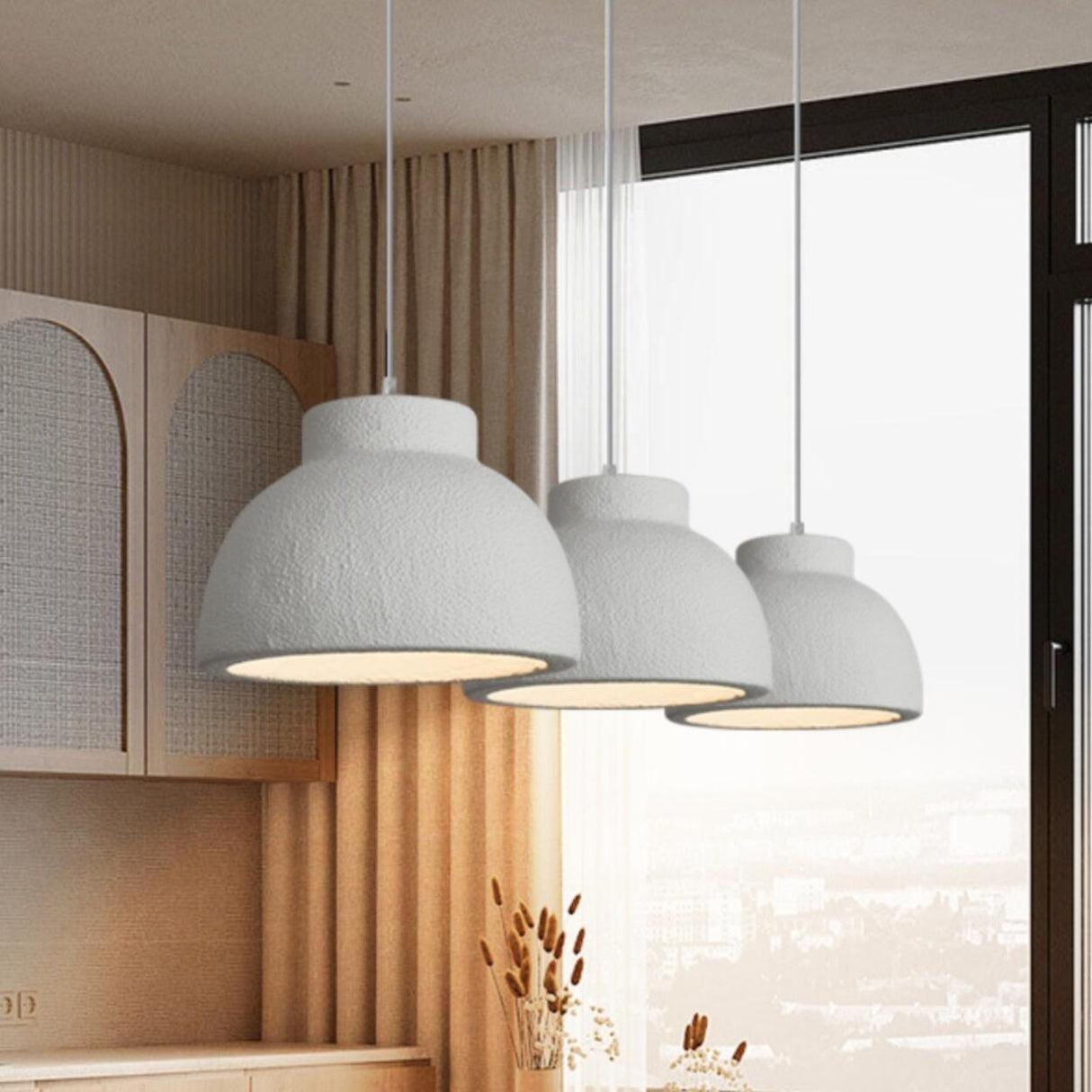 Modern Textured White Resin Dome Pendant Light Image - 8