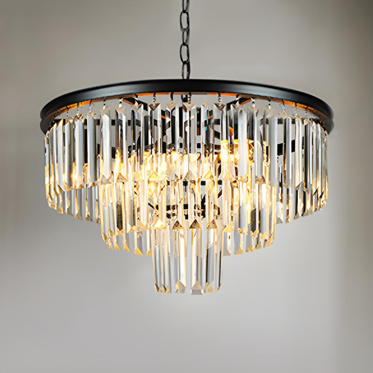 Modern Tiered Black Crystal Prisms Round Chandelier Image - 1