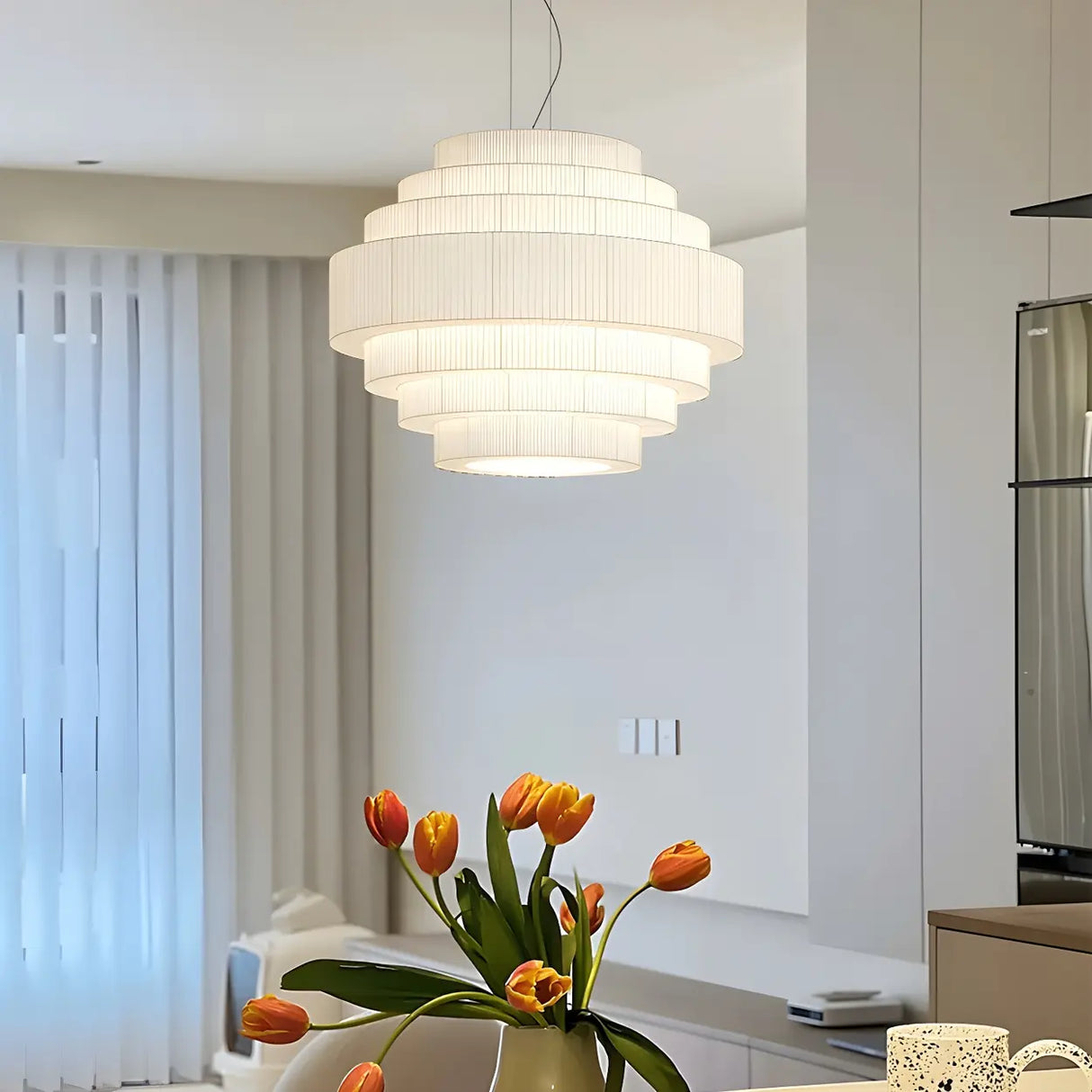 Modern Tiered Fabric White Dining Room Chandelier Image - 2