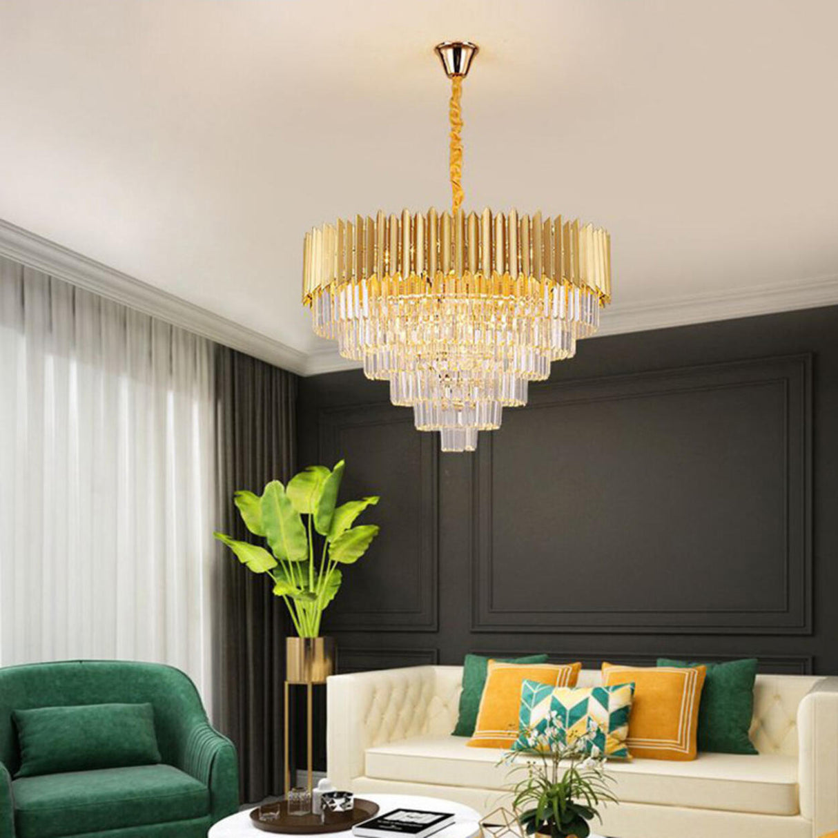 Modern Tiered Gold Crystal Chandelier Adjustable Height Image - 1