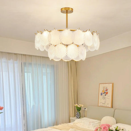 Modern Tiered Gold Frosted Glass Shell Chandelier Image - 1