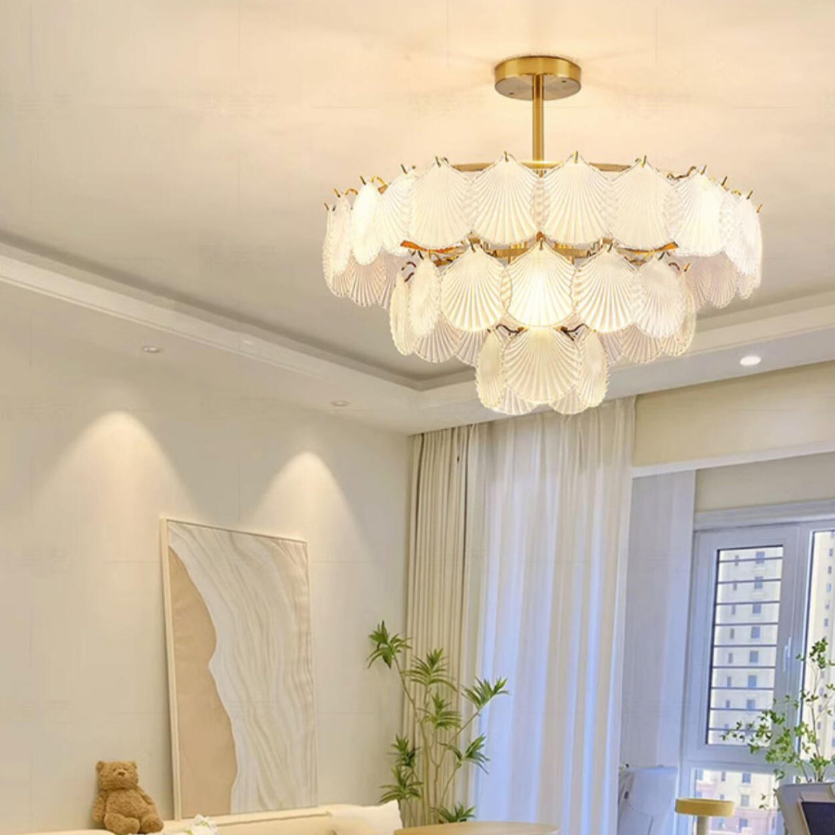 Modern Tiered Gold Frosted Glass Shell Chandelier Image - 14