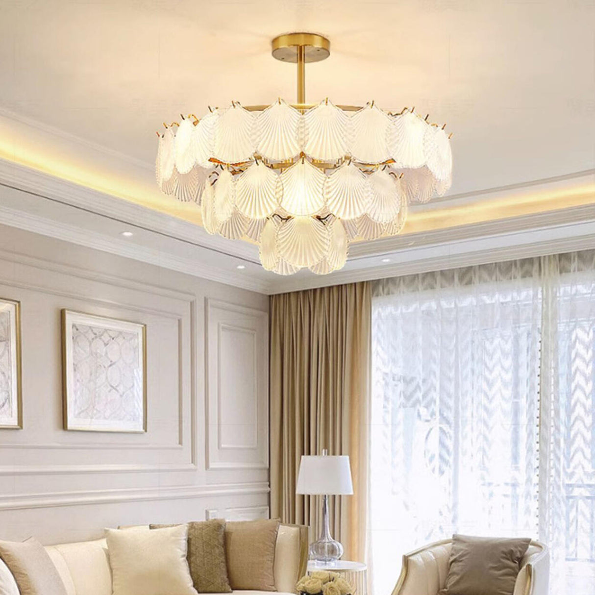 Modern Tiered Gold Frosted Glass Shell Chandelier Image - 15