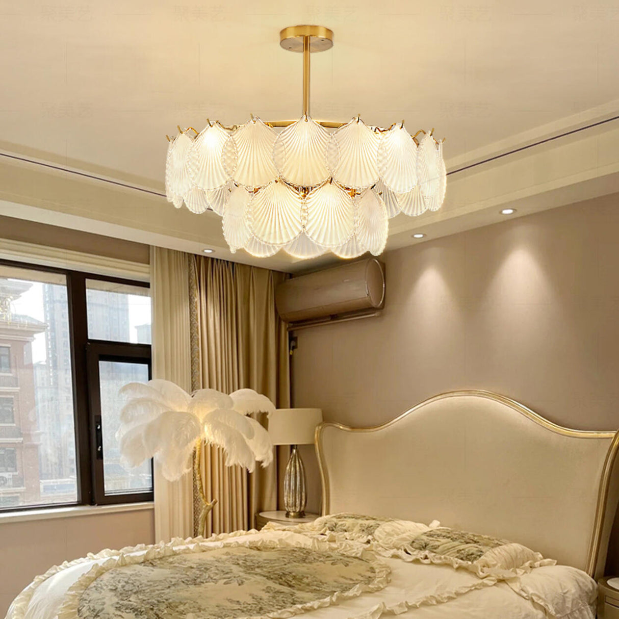 Modern Tiered Gold Frosted Glass Shell Chandelier Image - 6