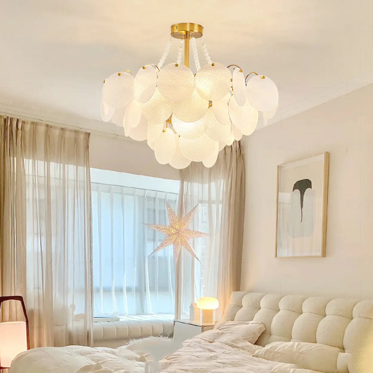 Modern Tiered Round Glass White Living Room Chandelier Image - 4