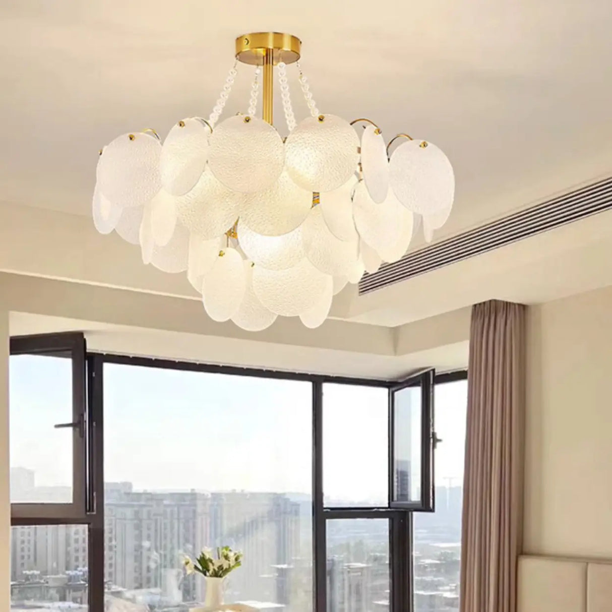 Modern Tiered Round Glass White Living Room Chandelier Image - 6