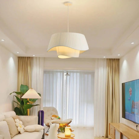 Modern Tiered White Fabric Living Room Ceiling Pendant Light Image - 1