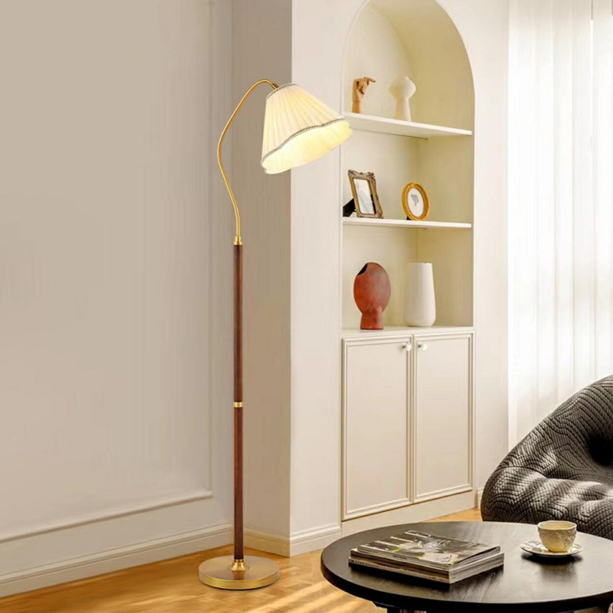 Modern Trendy Pleated Brown Wood Arched Floor Lamp Image - 1