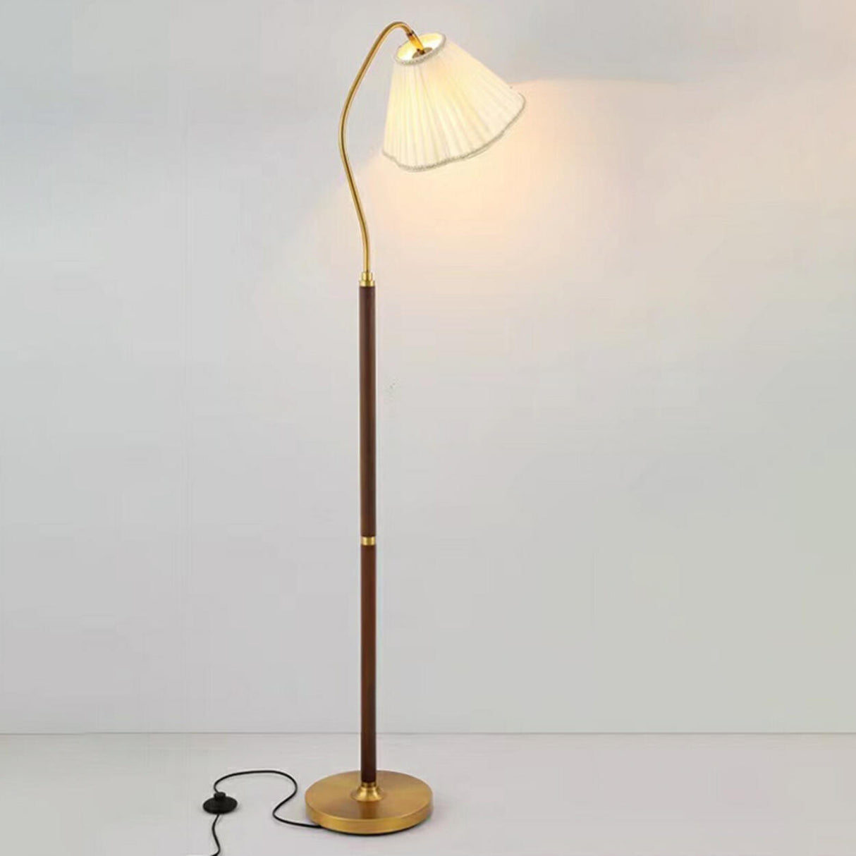 Modern Trendy Pleated Brown Wood Arched Floor Lamp Image - 8