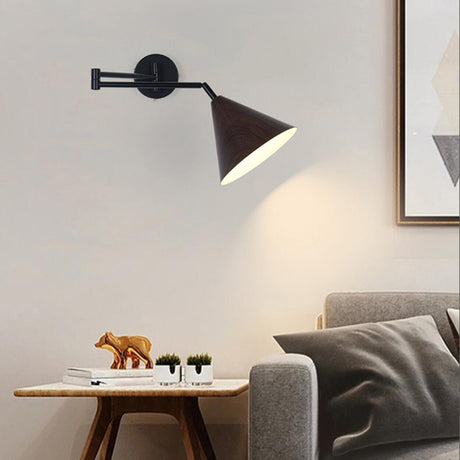 Modern Trendy Walnut Cone Metal Swing Arm Wall Lamp Image - 1