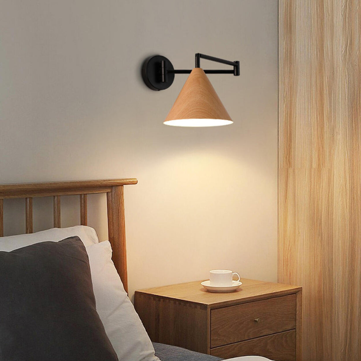 Modern Trendy Walnut Cone Metal Swing Arm Wall Lamp Image - 20