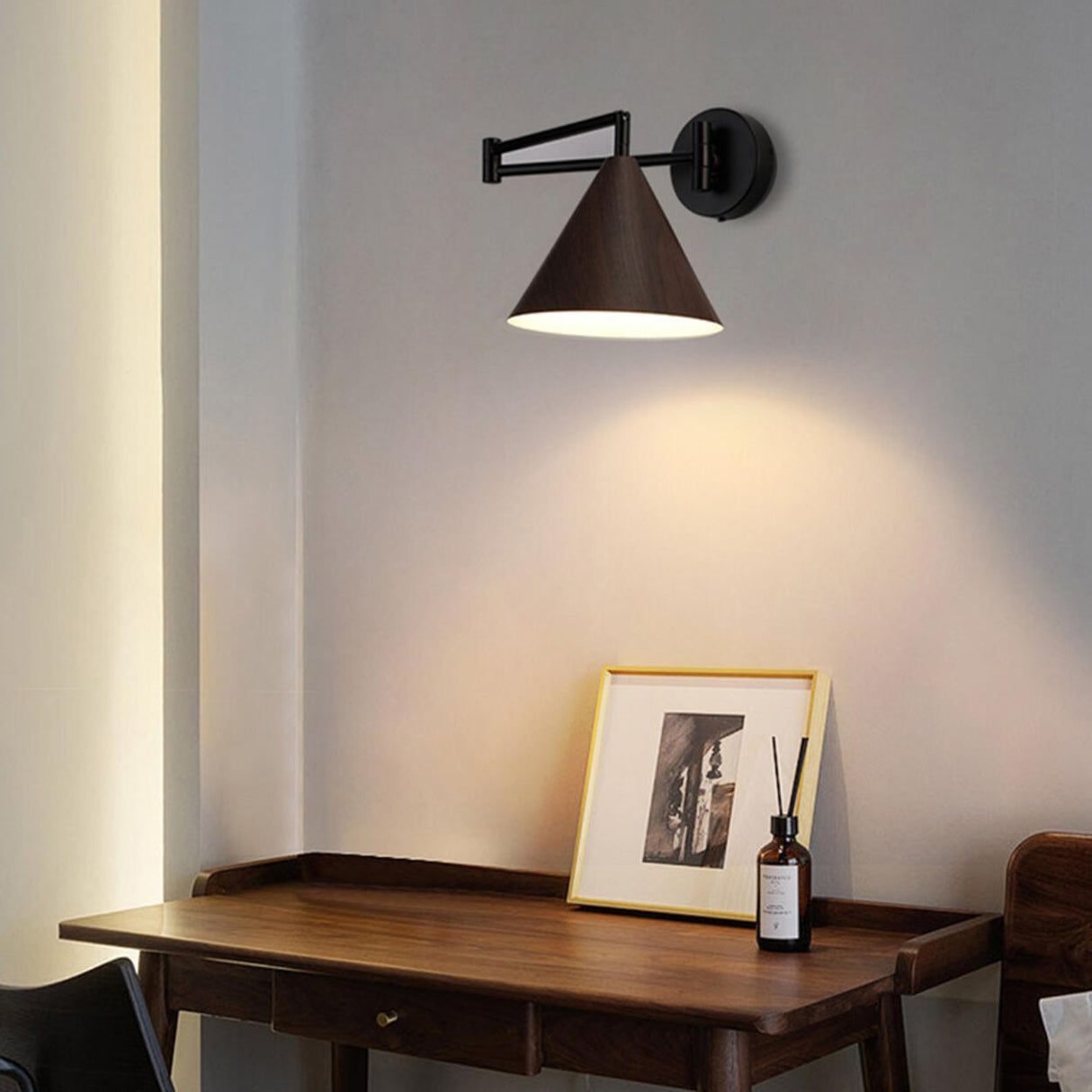 Modern Trendy Walnut Cone Metal Swing Arm Wall Lamp Image - 21