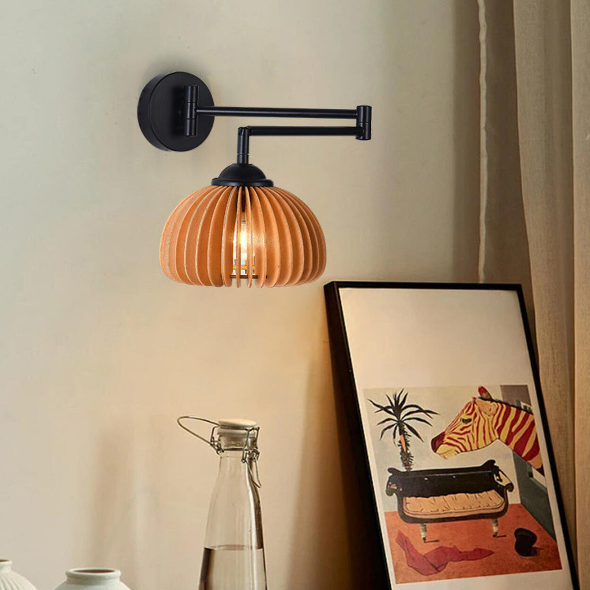 Modern Trendy Walnut Cone Metal Swing Arm Wall Lamp Image - 5