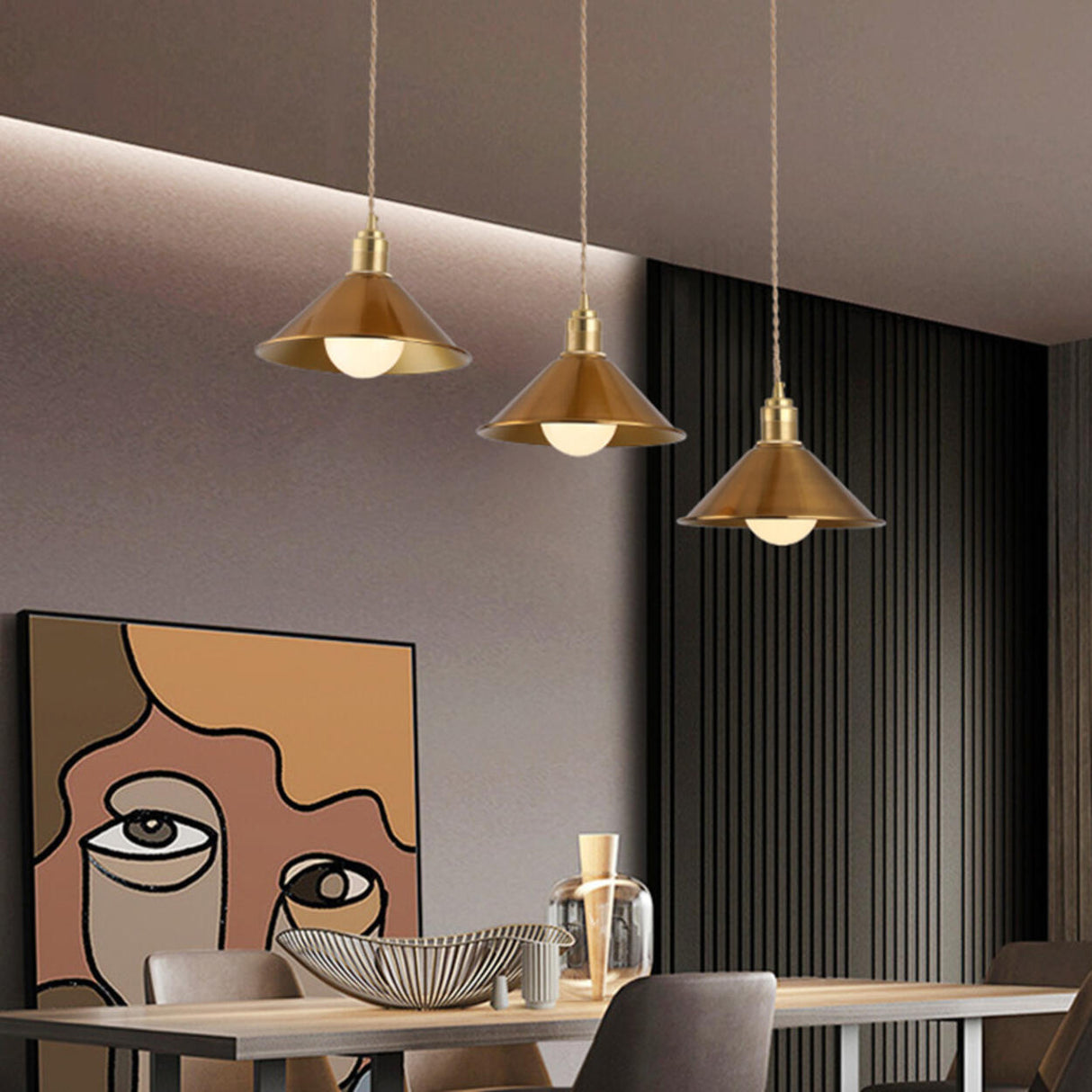 Modern Triple Aluminum Gold Cone Dining Room Pendant Light Image - 3