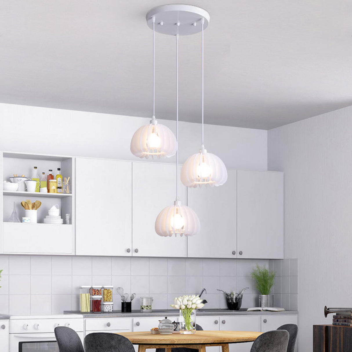 Modern Triple White Drum Lucite Acrylic Pendant Light Image - 1