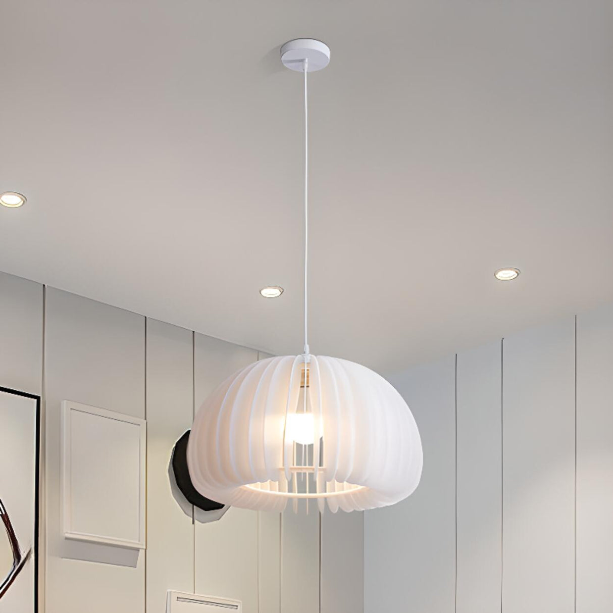 Modern Triple White Drum Lucite Acrylic Pendant Light Image - 3