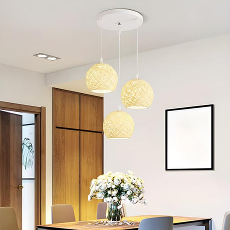 Modern Triple Woven Ball Dining Room Pendant Light Set Image - 2