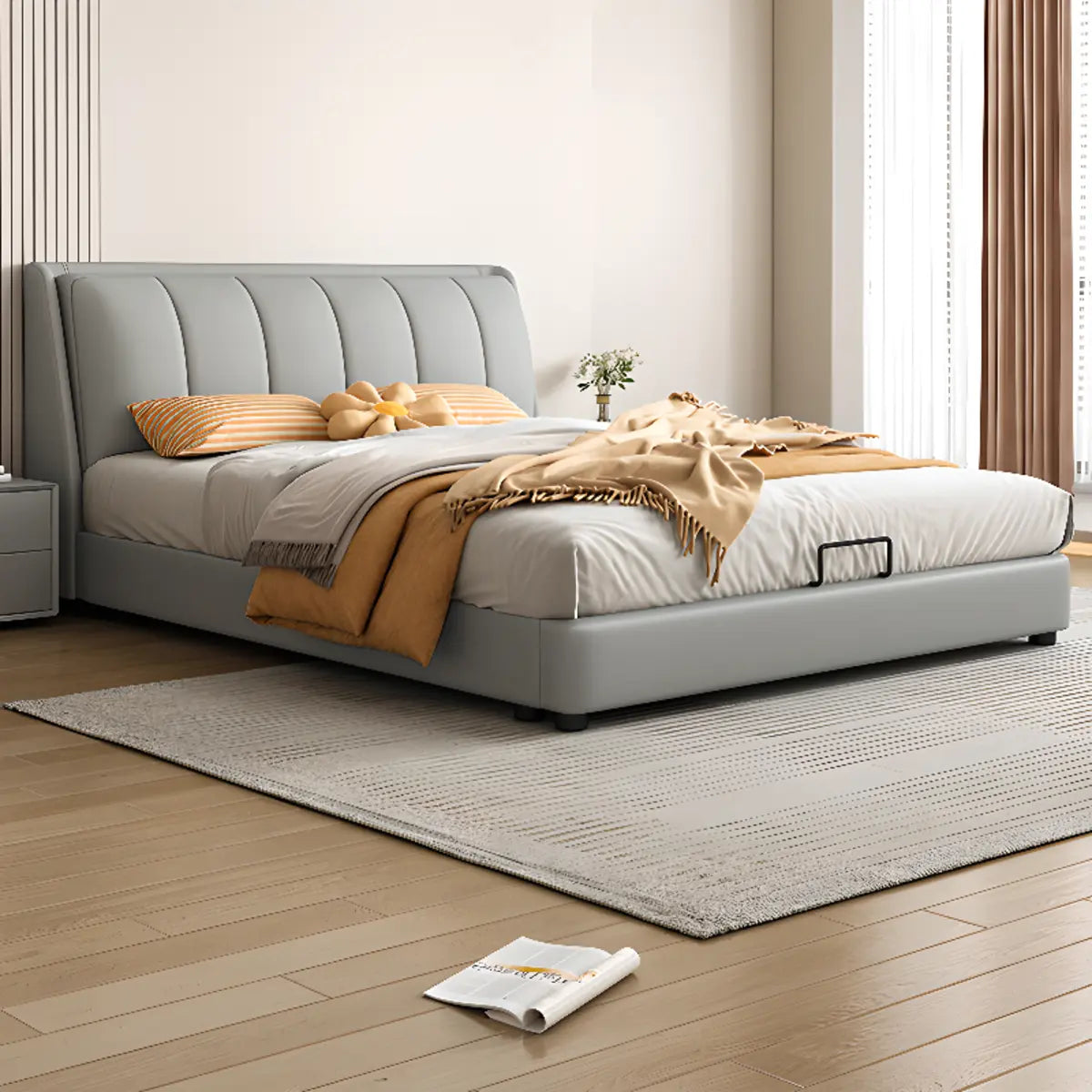 Modern Upholstered Headboard Grey Queen Storage Bed Frame Image - 1