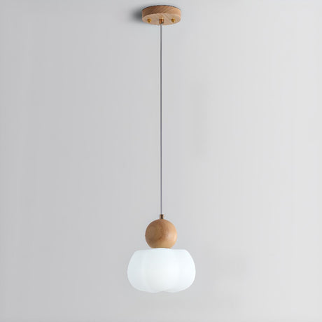 Modern Variable Length Floral Drum Wood Pendant Light Image - 2