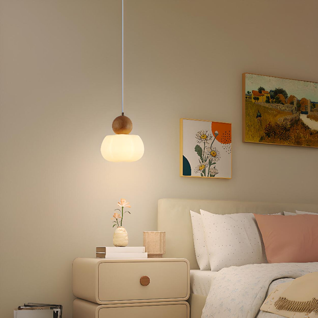 Modern Variable Length Floral Drum Wood Pendant Light Image - 4